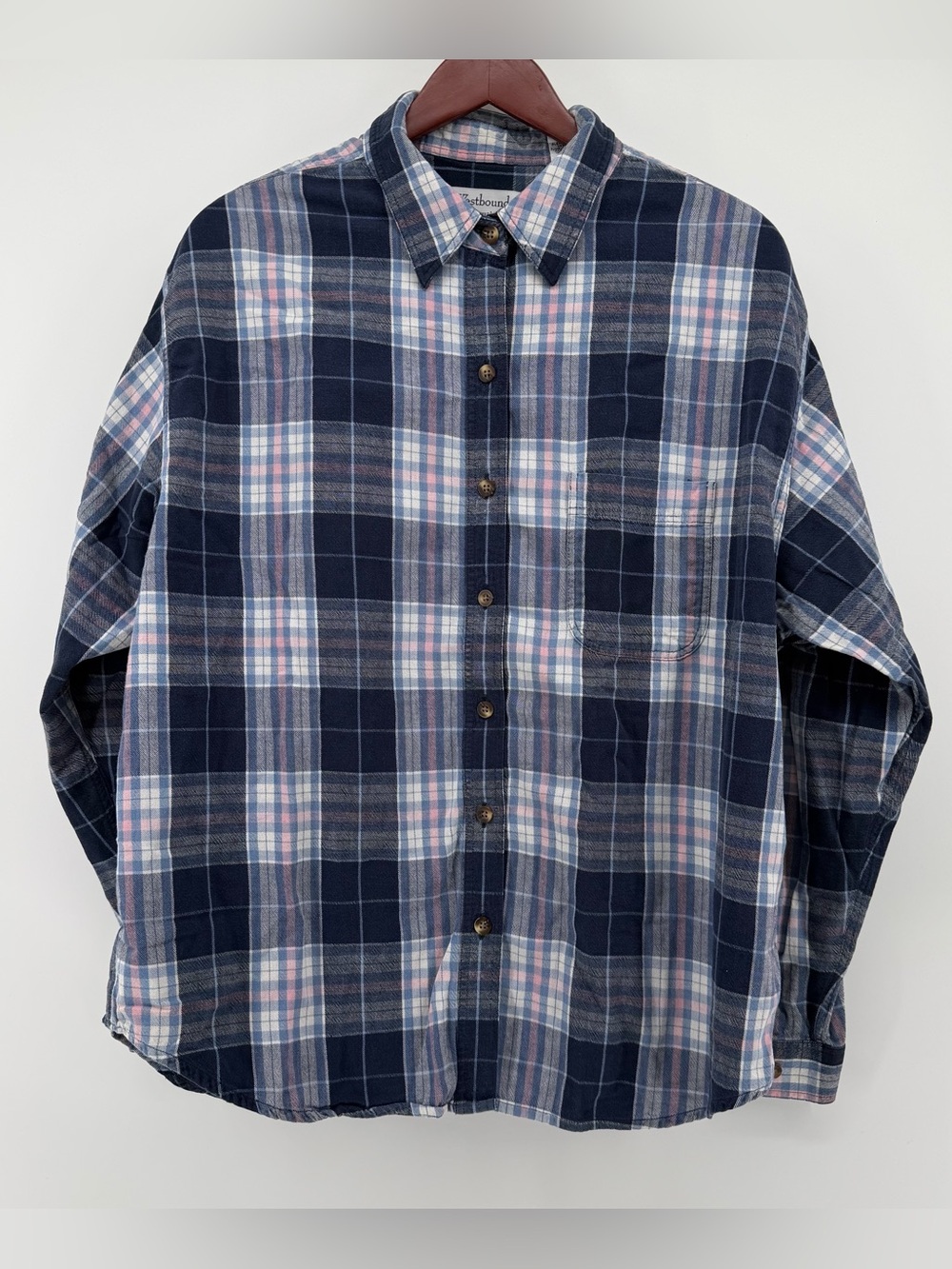 Westbound Blue White Plaid Long Sleeve Button Up Blouse Top XL Gorpcore Casual - Picture 2 of 9